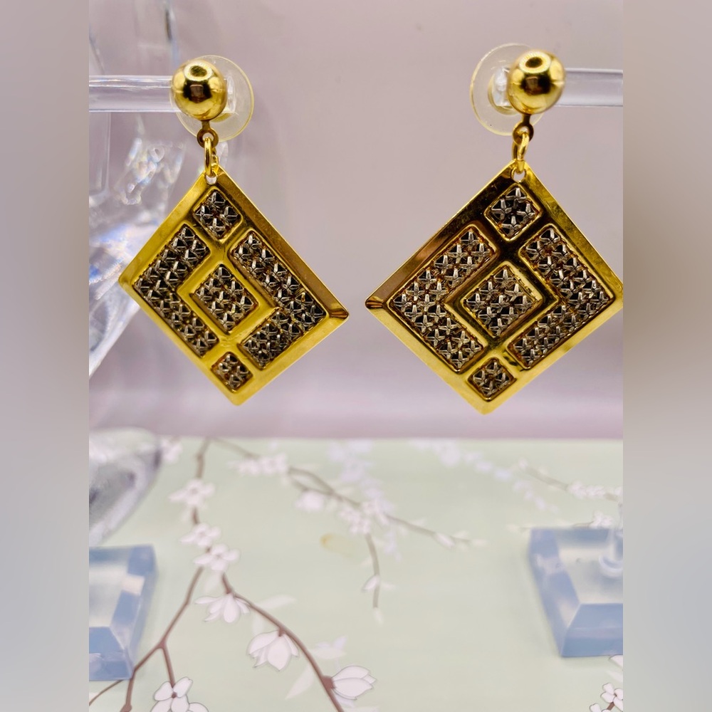 Gold Tone and Silver Geometric Diamond  Dangle Earrings with Intricate Design